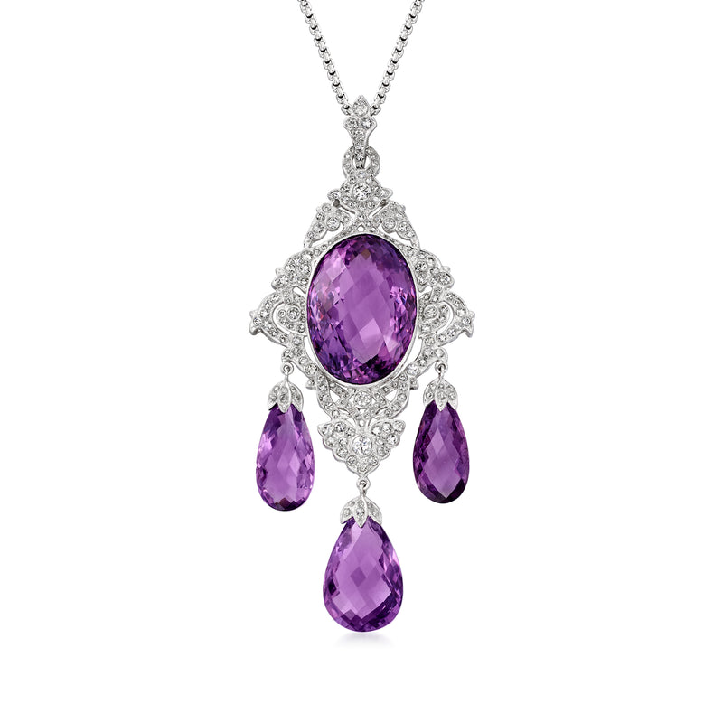 Amethyst and diamond pendant necklace in white gold, oval purple center with three teardrop stones