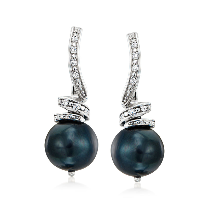 Black pearl drop earrings with diamond accents, sterling silver leverback
