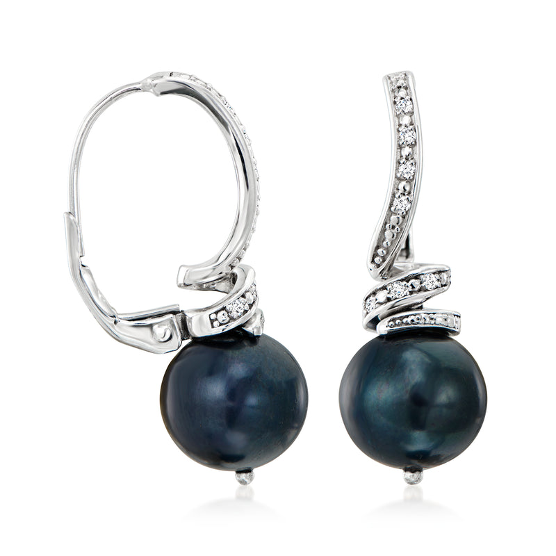 Sterling silver leverback pearl drop earrings with diamond rows, side view