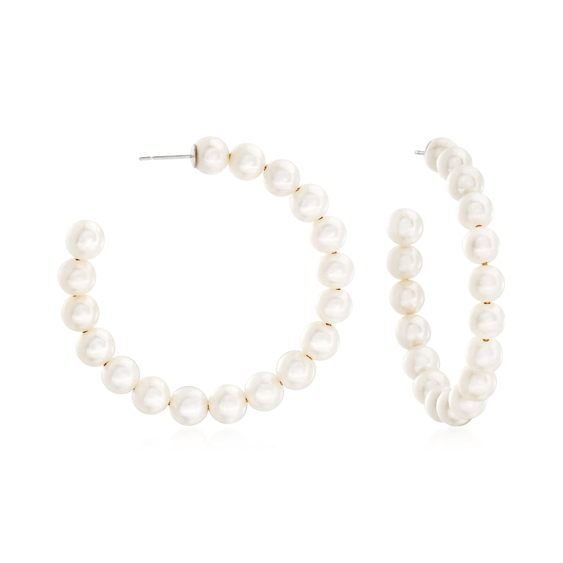 Cultured pearl hoop earrings with round white pearls and silver posts