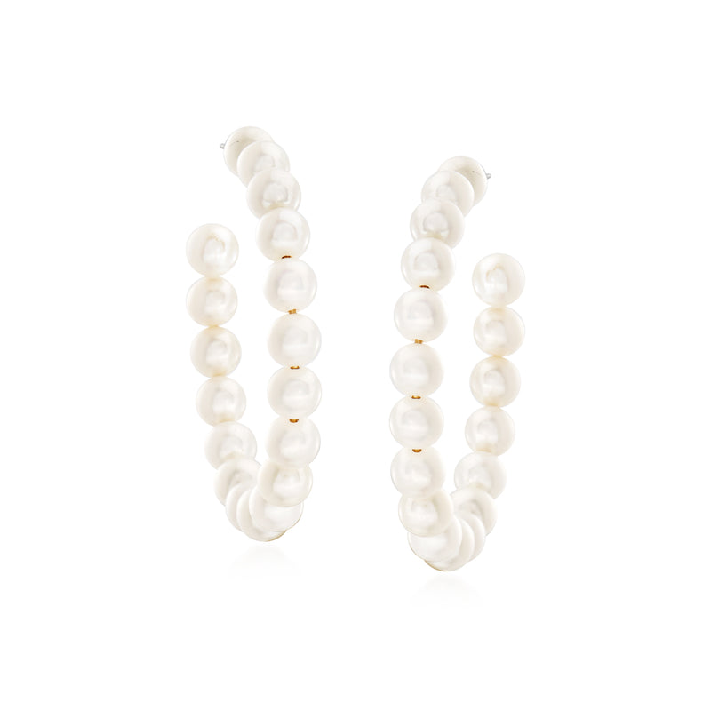 Cultured pearl hoop earrings, full loop of white pearls on silver
