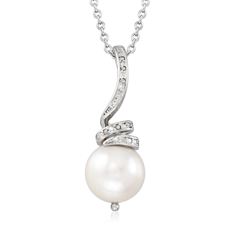Sterling silver cultured pearl pendant necklace with diamond accents, round pearl