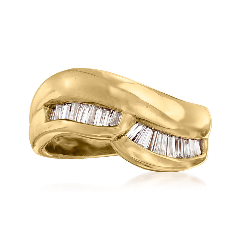 Vintage 18kt yellow gold baguette diamond ring with three-row baguette stones