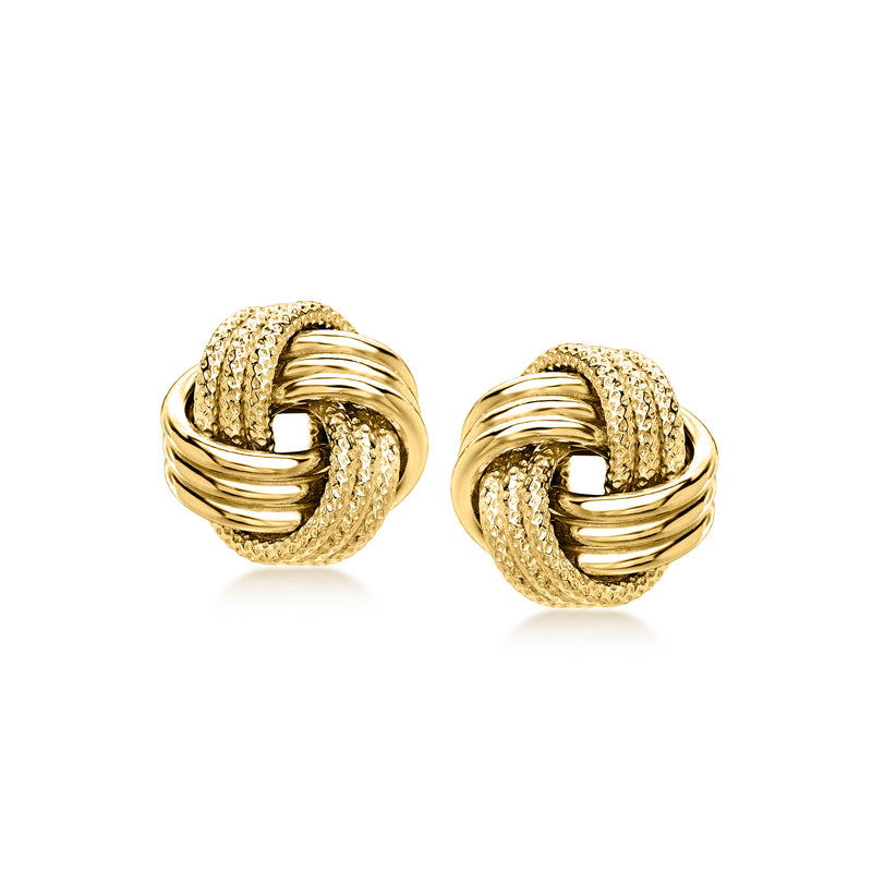 Gold love-knot stud earrings with textured and polished swirl details