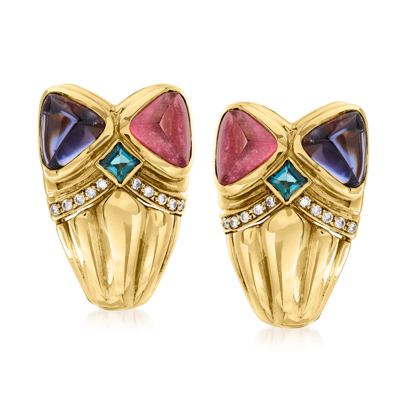 Yellow gold clip earrings with blue, pink and teal gemstones and diamond accents