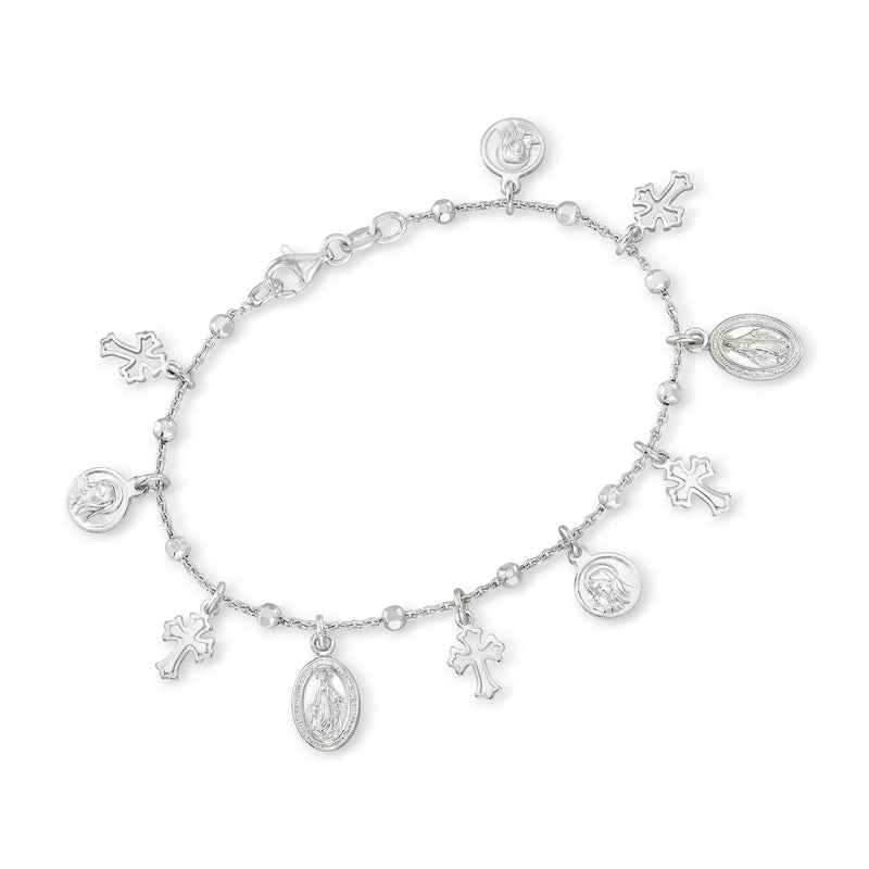 Italian sterling silver religious charm bracelet with oval medals and cross charms