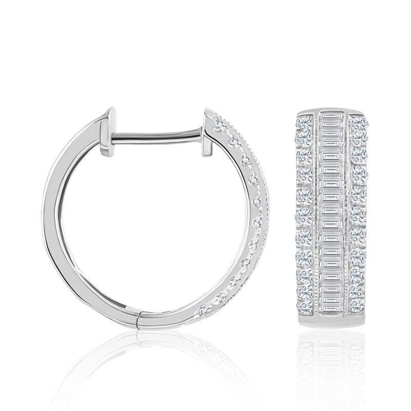 14kt white gold diamond hoop earrings with baguette-style sparkle accents