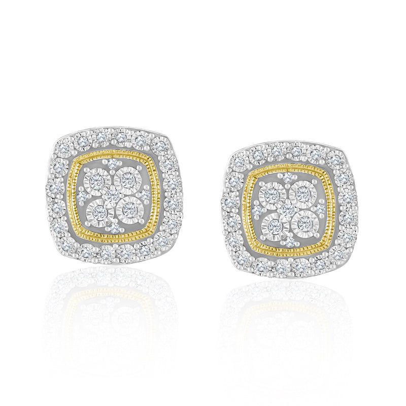 14kt yellow gold diamond square cluster stud earrings with pave halo and center stones