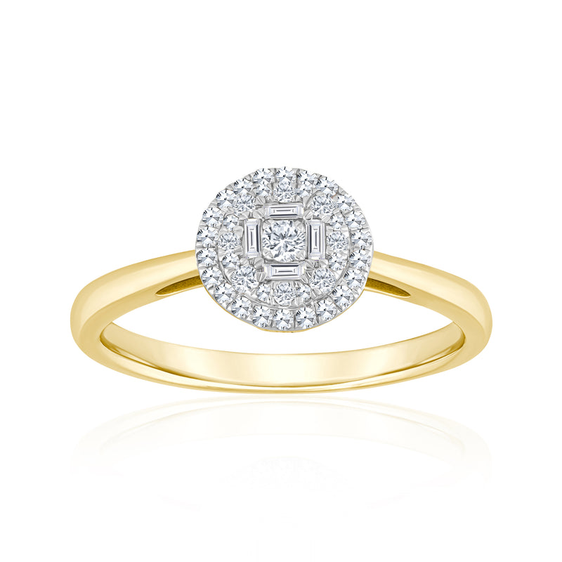 14kt yellow gold baguette & round diamond cluster ring