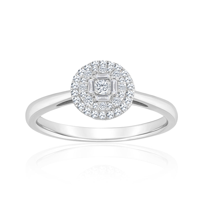 14kt white gold diamond cluster ring with baguette and round center, halo of stones