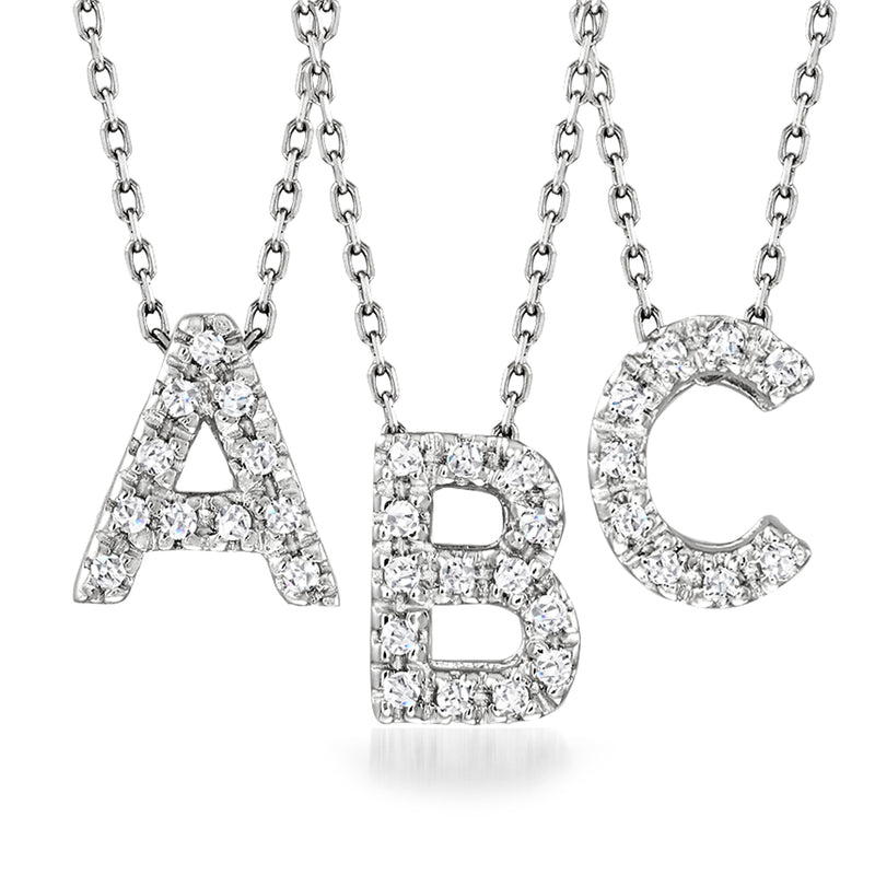 Diamond initial necklace in 14kt white gold, letter A with pave stones