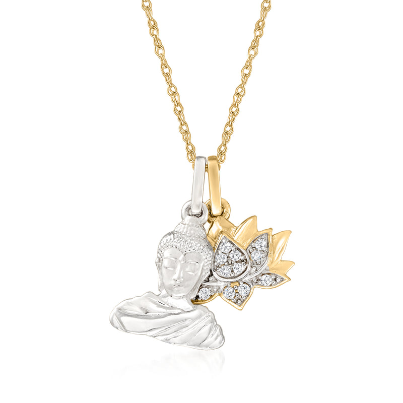 Two-tone gold Buddha and lotus pendant necklace with diamond accents