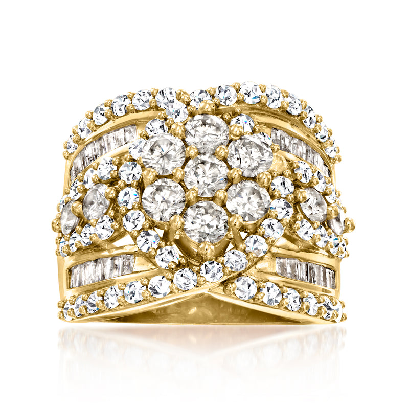 18kt gold over sterling diamond floral ring with round stones and baguette accents