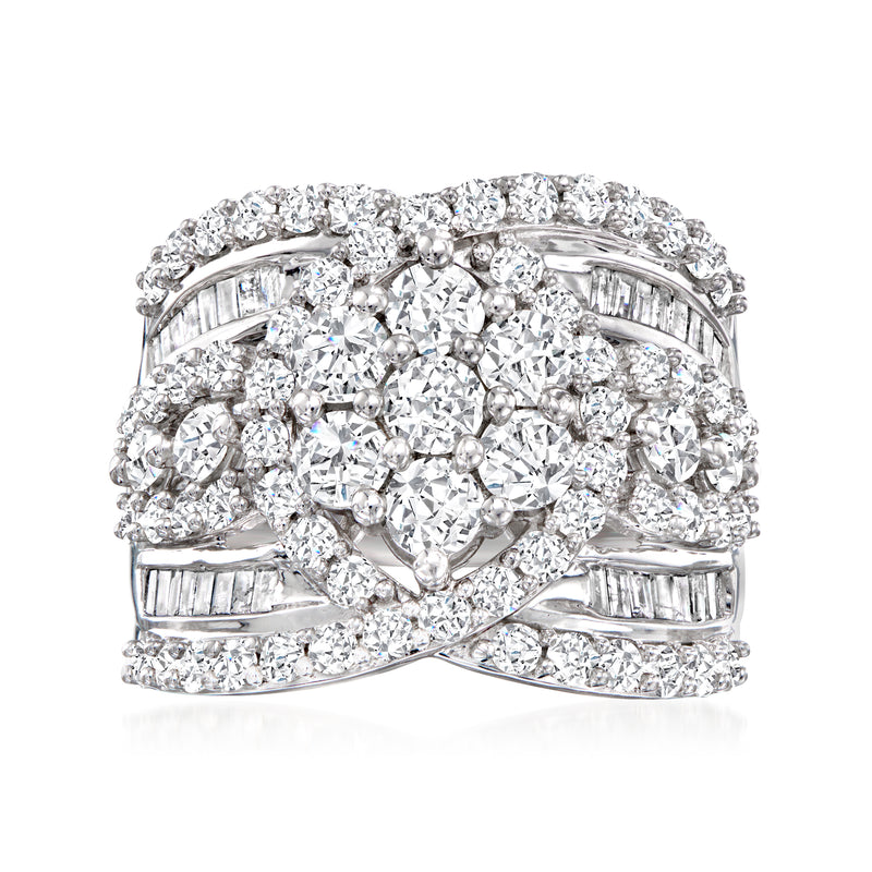 Sterling silver diamond flower cluster ring with round brilliant stones, wide band