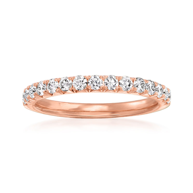18kt rose gold diamond wedding band with row of round diamonds