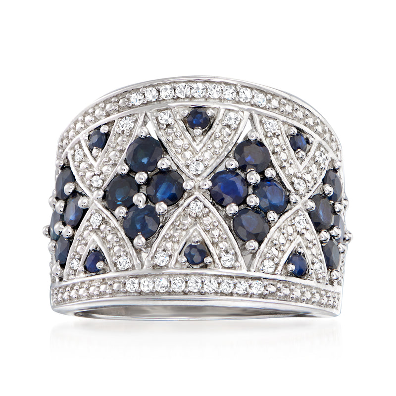 Sterling silver wide dome ring with blue sapphire and diamond accents