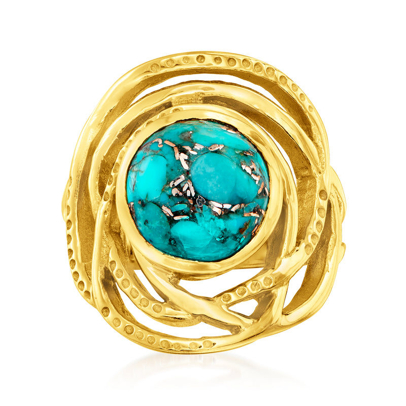 Gold over sterling ring with turquoise oval cabochon, openwork bezel and scalloped edges