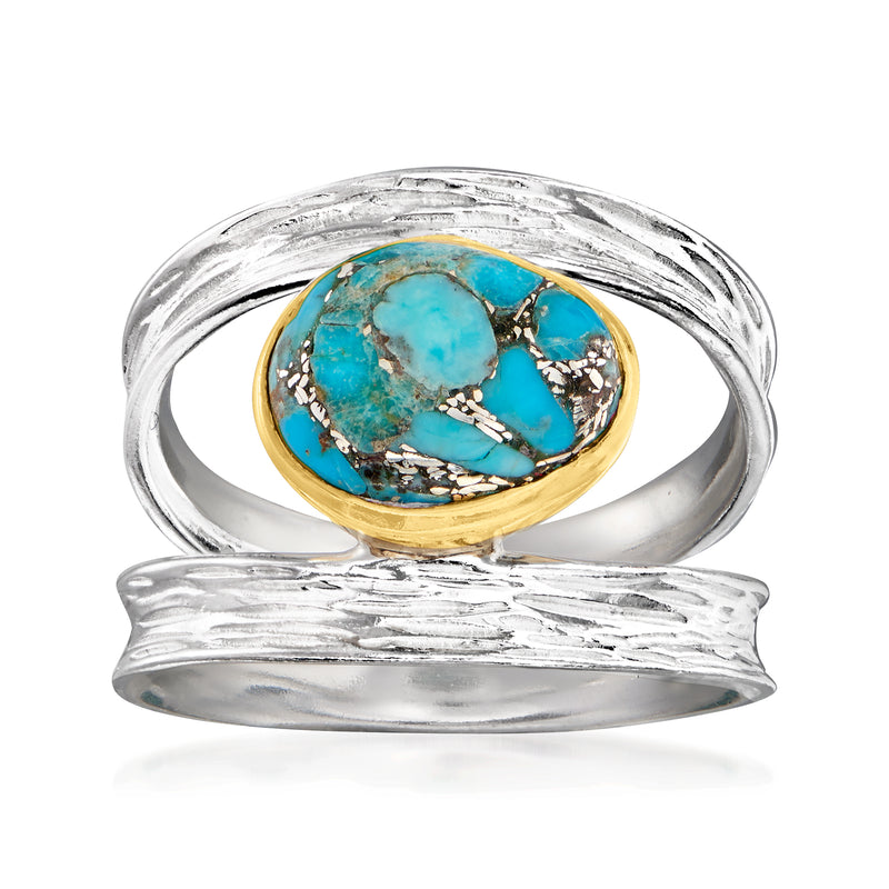 Two-tone sterling silver open-space ring with turquoise oval cabochon centerpiece