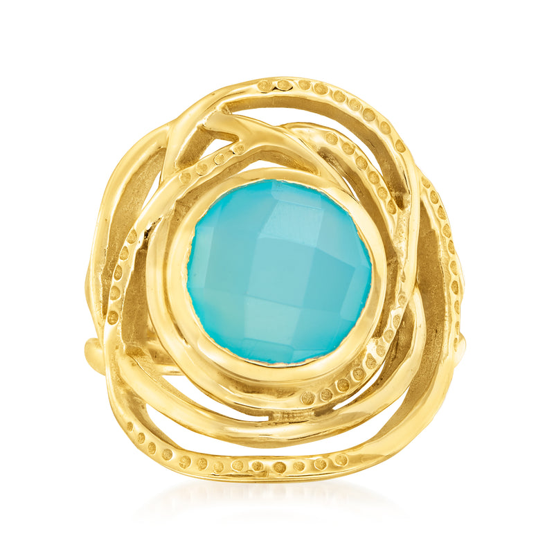 18kt gold over sterling openwork ring with faceted blue round gemstone