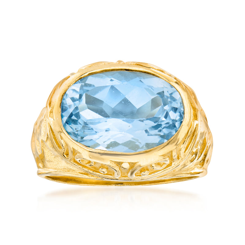 Sky blue topaz ring with oval gemstone bezel set in 18kt gold over sterling