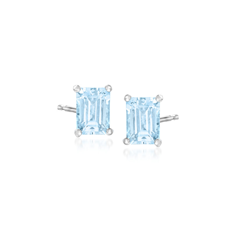 Sterling silver aquamarine stud earrings, emerald-cut blue gemstone