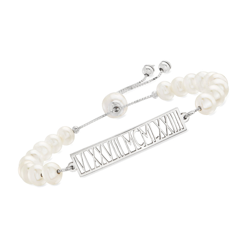 Sterling silver bolo bracelet with cultured pearl beads and roman numeral bar charm