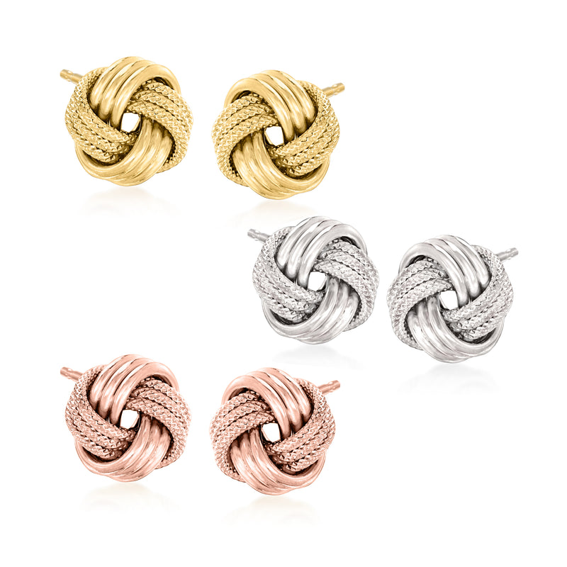 Tri-tone sterling silver love knot stud earrings set, three pairs in gold, silver, and rose