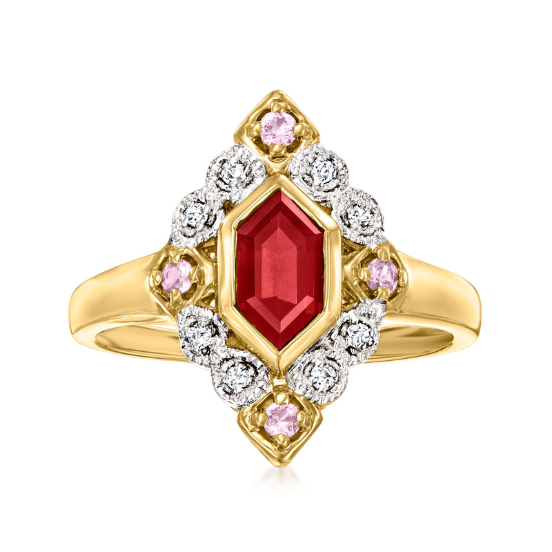 14kt yellow gold ring with red garnet center, pink sapphires, and diamond accents