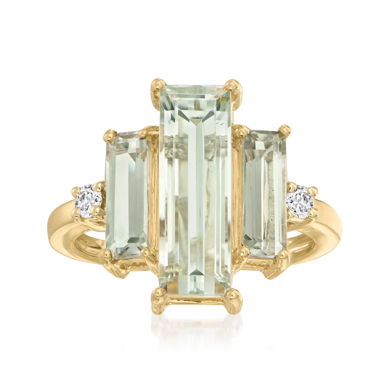 14kt yellow gold ring with emerald-cut prasiolite center and diamond side accents