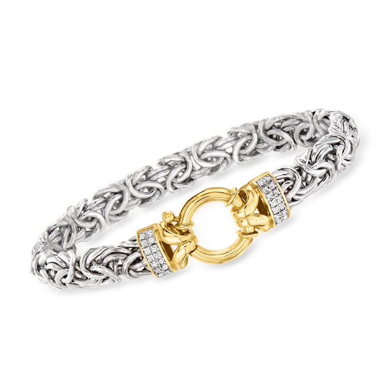 Two-tone sterling silver Byzantine bracelet with diamond-accented clasp