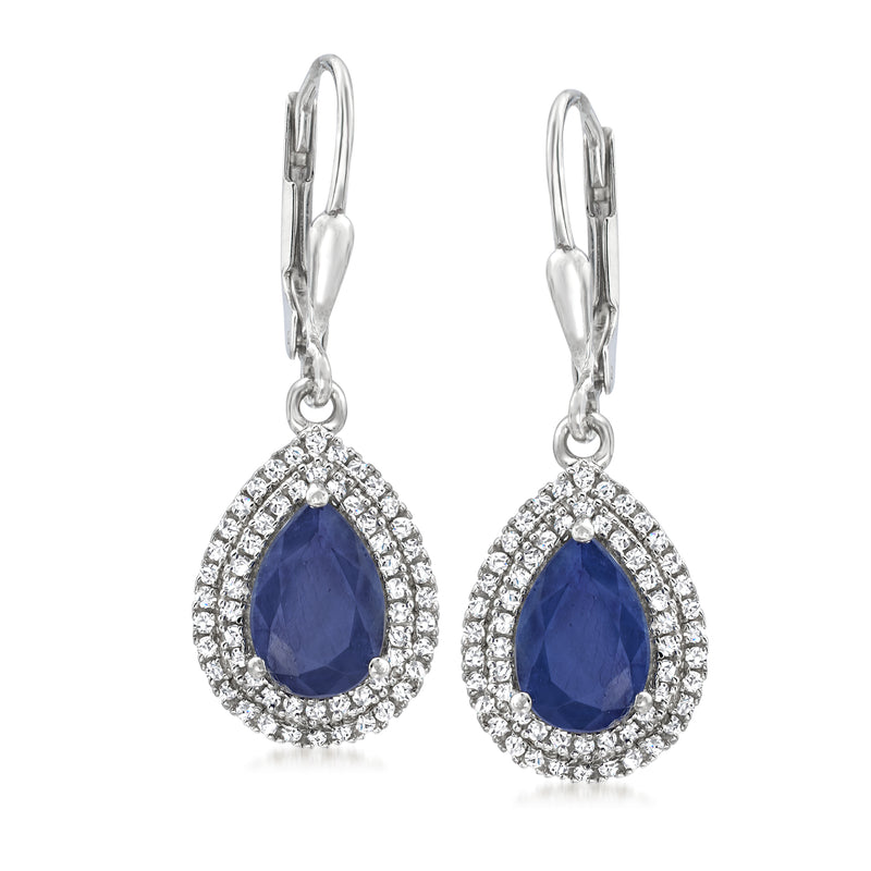 14kt white gold leverback earrings with pear-shaped blue sapphire and diamond halo