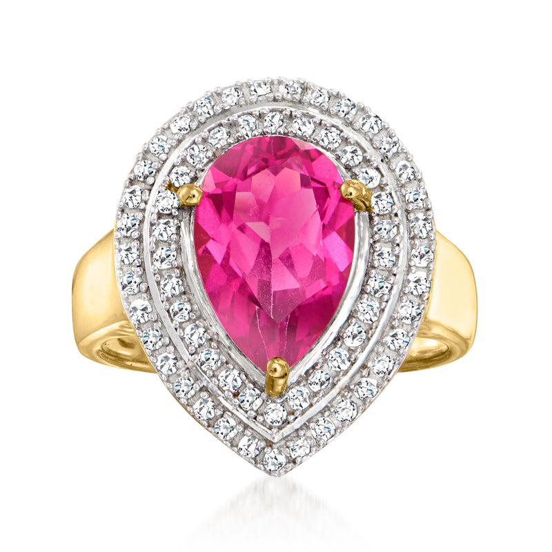 Pear-shaped pink topaz ring with diamond halo in 14kt yellow gold, prong-set