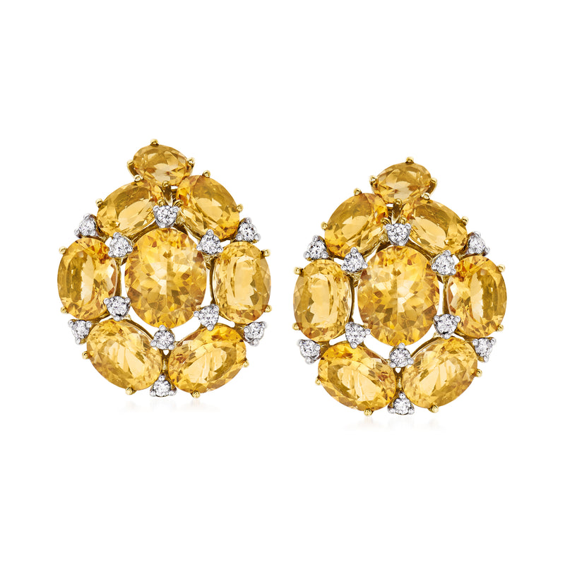 Two-tone gold citrine and diamond cluster post earrings, round yellow stones