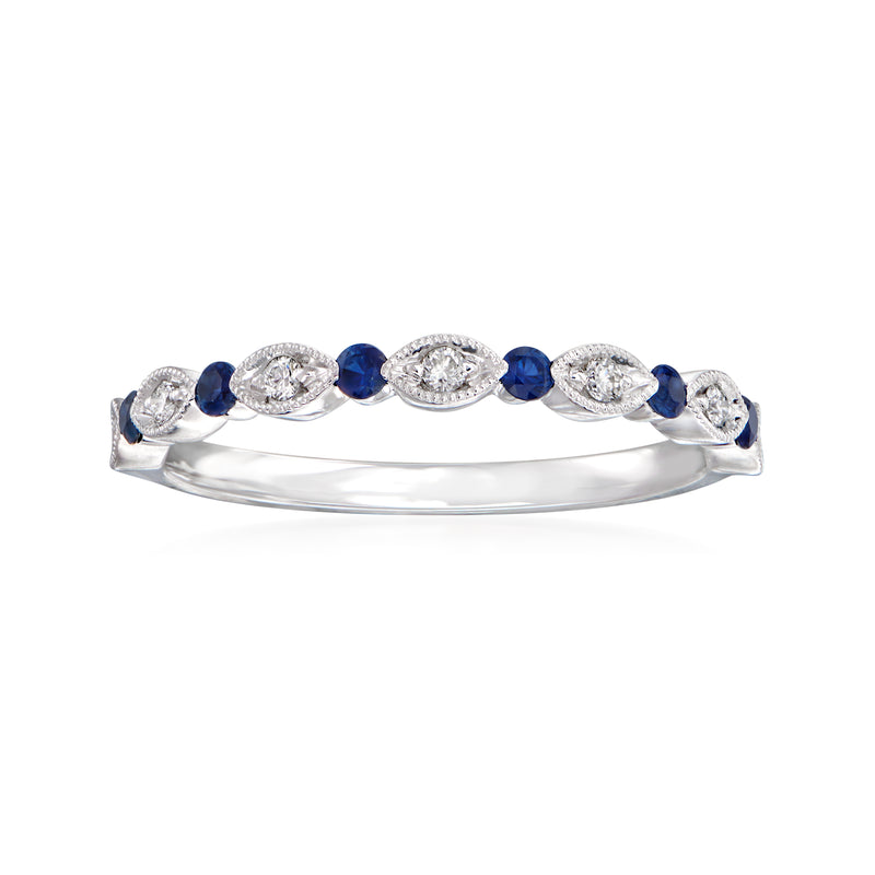 14kt white gold wedding band with oval diamonds and blue sapphire accents