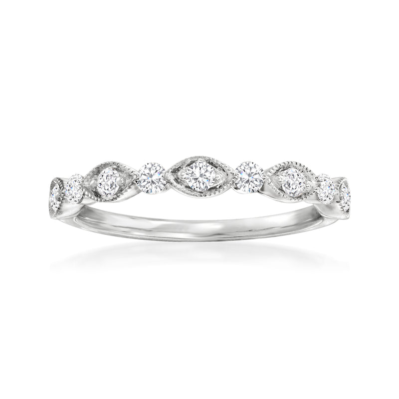 14kt white gold diamond wedding band with five round-cut diamonds in shared prong settings