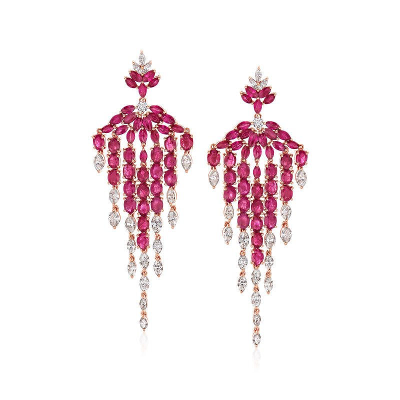 Rose gold chandelier drop earrings with pink ruby teardrops and diamond accents