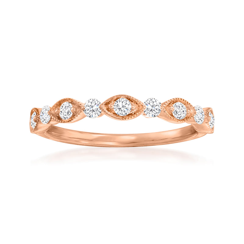 14kt rose gold diamond wedding band with five oval diamond settings, polished finish