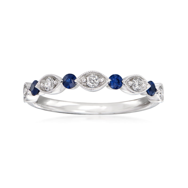 14kt white gold wedding band with alternating blue sapphires and diamond accents