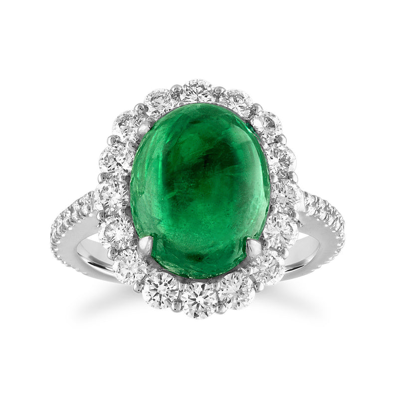 18kt white gold ring with oval Zambian emerald center and halo of round diamonds