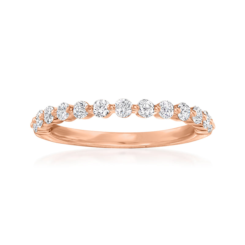 18kt rose gold diamond wedding band with round diamonds in a row