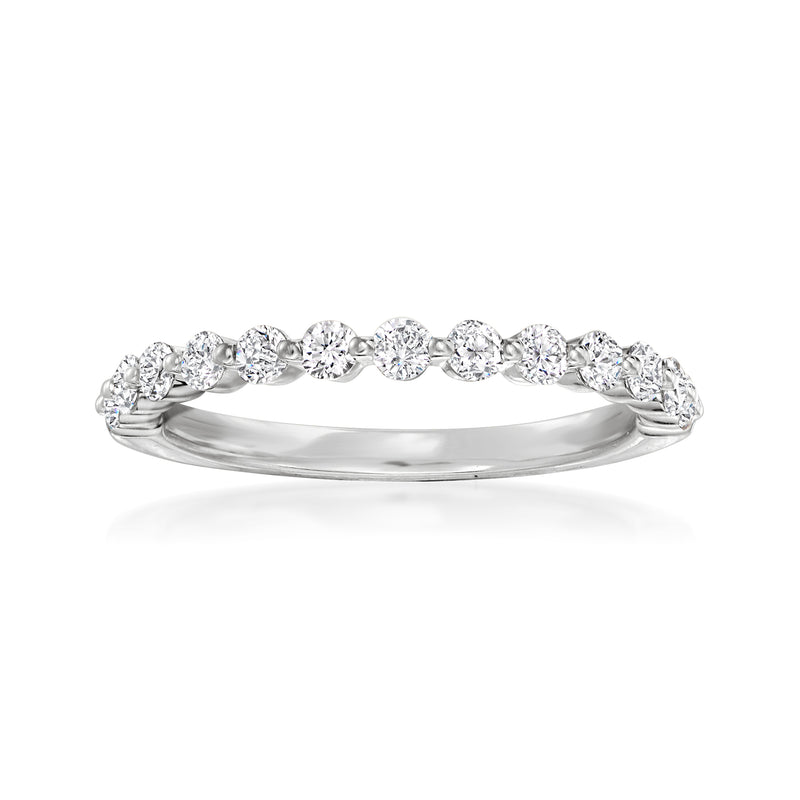 14kt white gold diamond wedding ring with round stones along the band