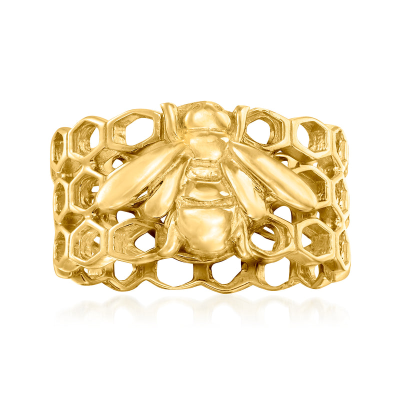 Gold-tone bumblebee ring with honeycomb openwork band and raised bee detail