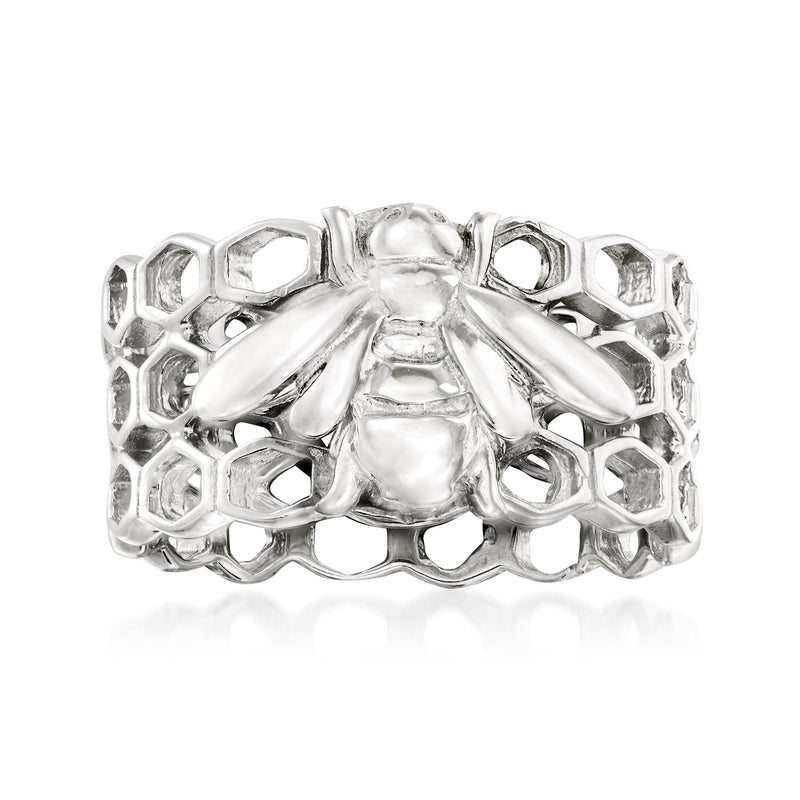 Sterling silver bumblebee and honeycomb ring with raised bee motif and open lattice band