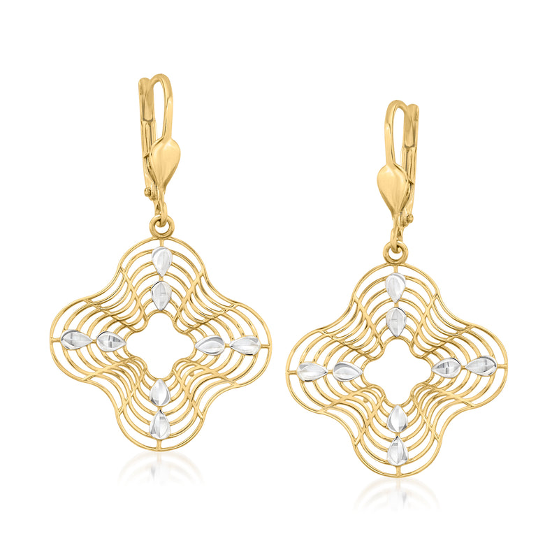 Two-tone 14k gold clover drop leverback earrings with white gemstone accents