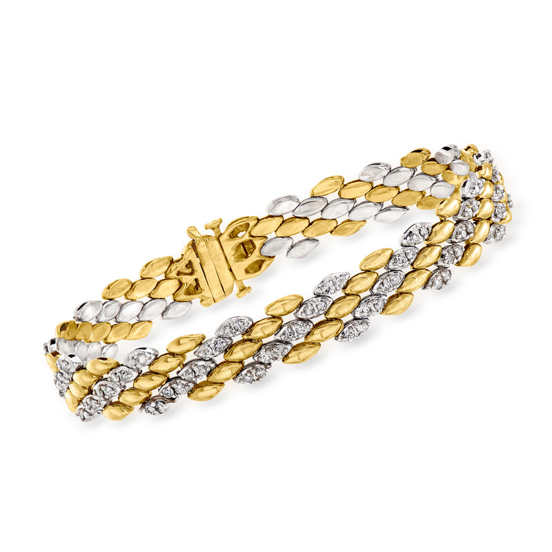 Vintage 14kt two-tone gold diamond link bracelet with braided rows and box clasp