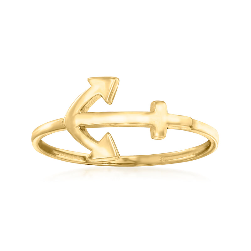 14kt yellow gold anchor motif ring, polished with sideways anchor design