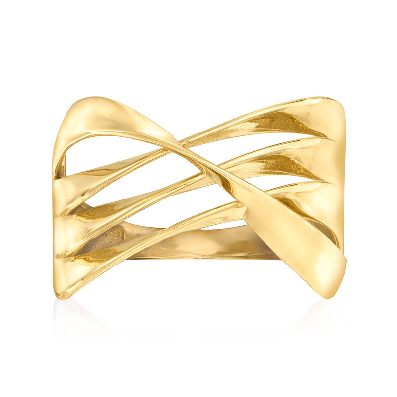 14kt yellow gold open-space crisscross ring with wide twisted ribbon-like bands