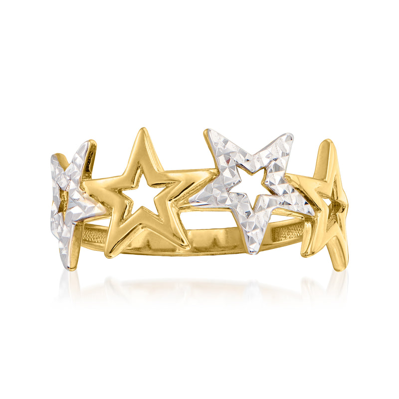 14kt two-tone gold star ring with prong-set clear crystals and open band