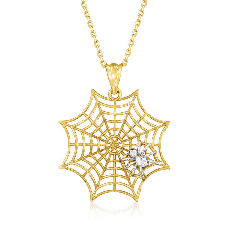 Two-tone gold spiderweb pendant necklace with crystal accents, gold chain