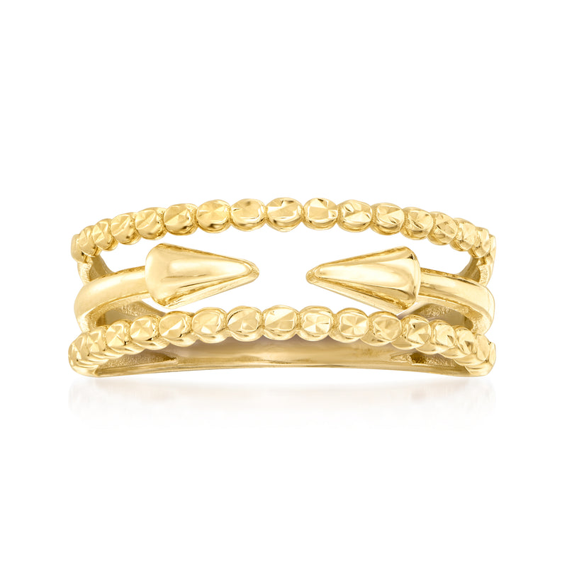 Yellow gold arrow ring with multi-row band and polished arrow centerpiece